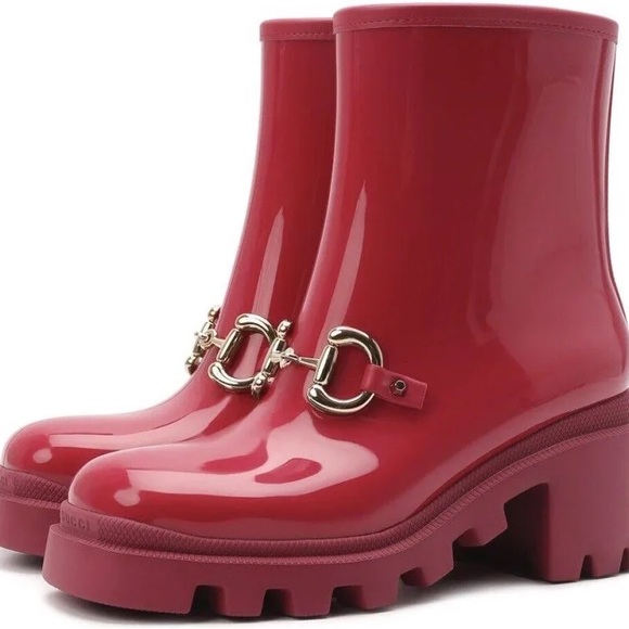 New Gucci Trip pink rubber rain boots w gold horsebit detail & chunk heel-Sz 41 - Picture 9 of 9